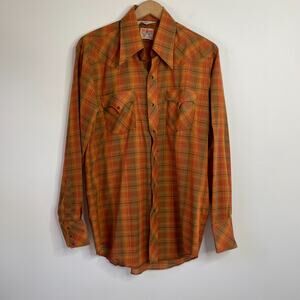 Vintage 70s Plaid Western Cowboy Rodeo Shirt Pearl Snaps Mens L 16-35 Long Tail